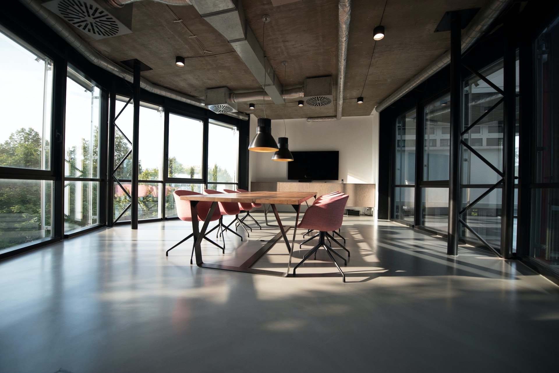 A conference room with a industrial style