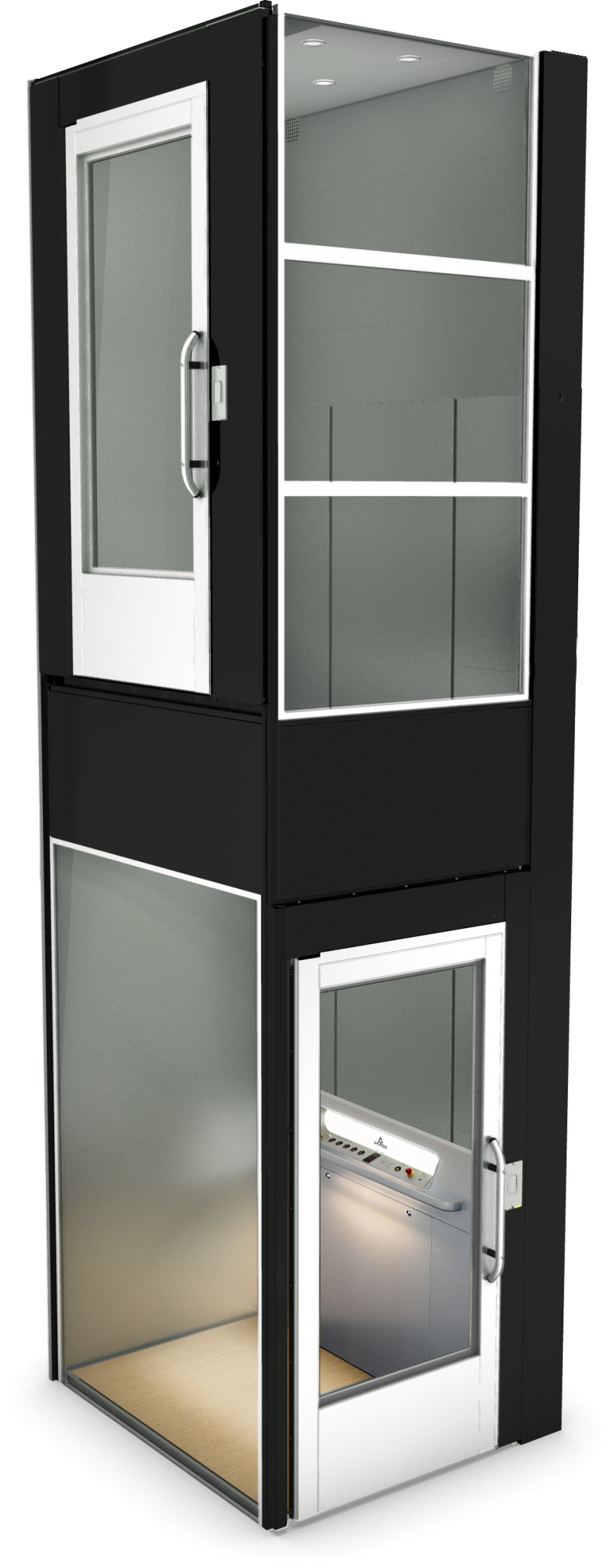 Aritco PublicLift Access cabin in black and glass with white doors