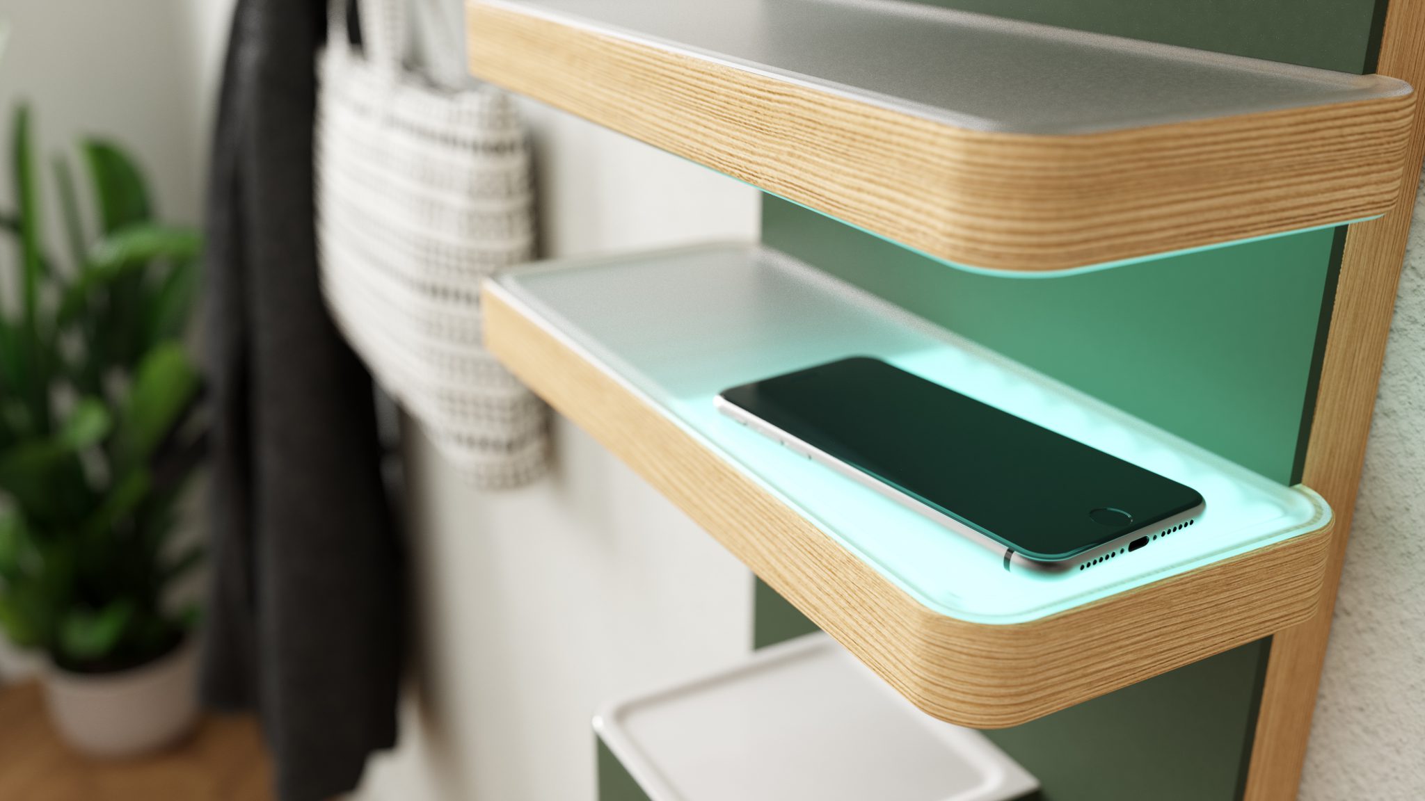 A mobil on a lighted shelf