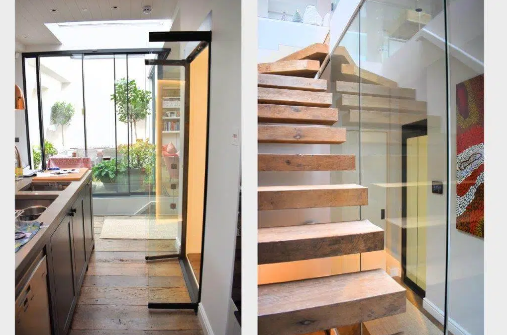Two images combined - a home elevator and a staircase