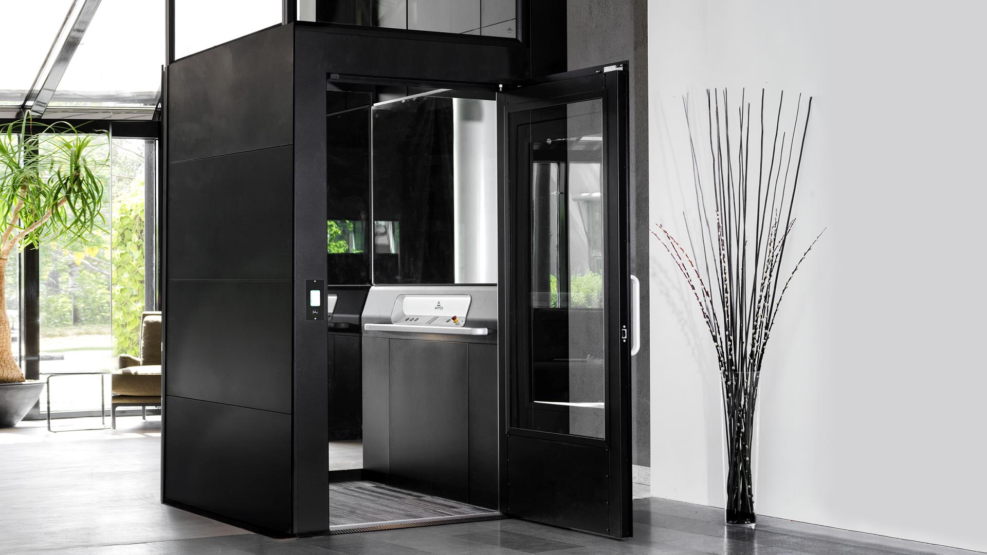 Home lift in black with wheelchair access from Aritco. Aritco HomeLift Access.