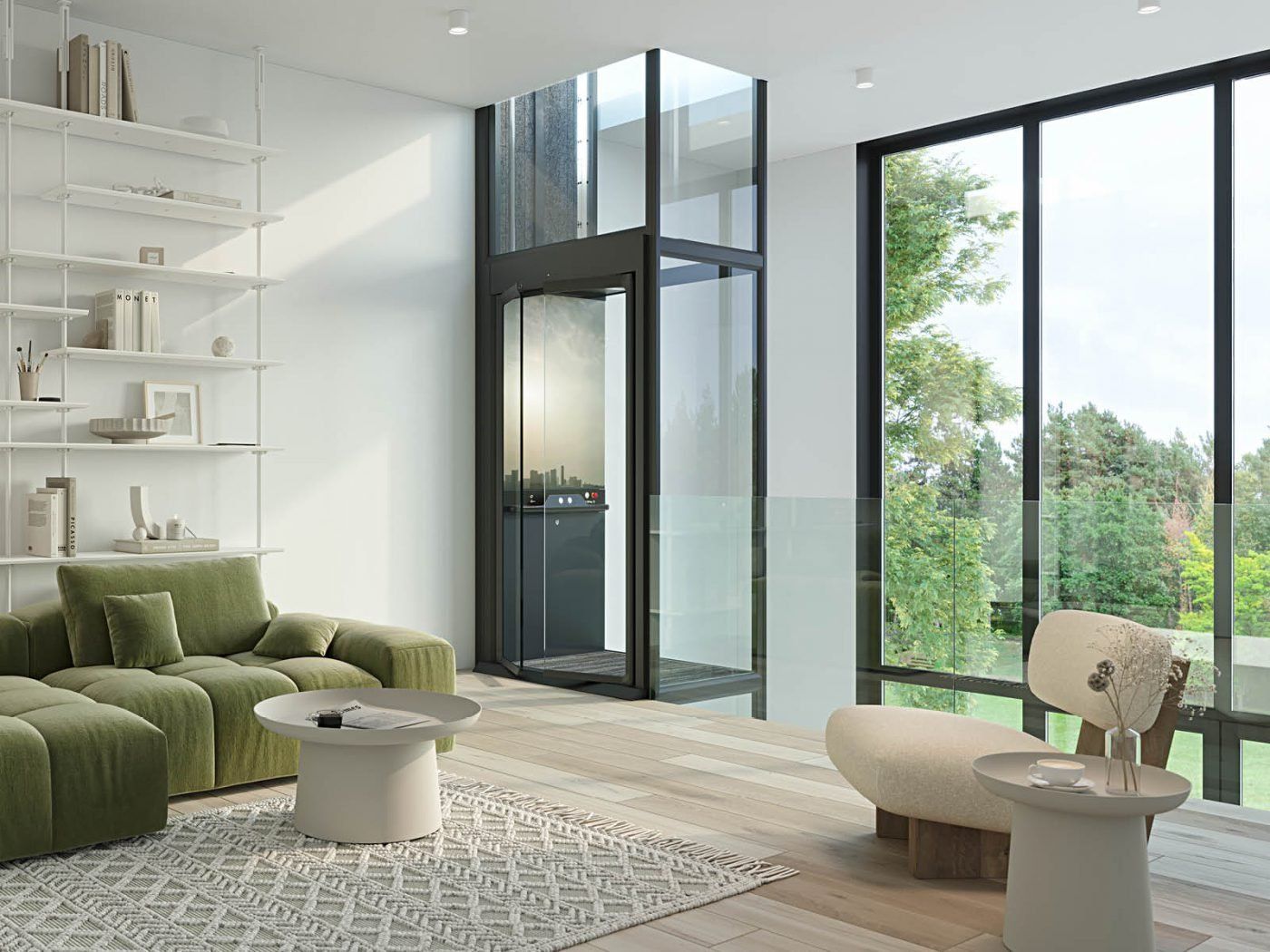 Compact home lift, elevator, in modern living room. Aritco HomeLift Compact.