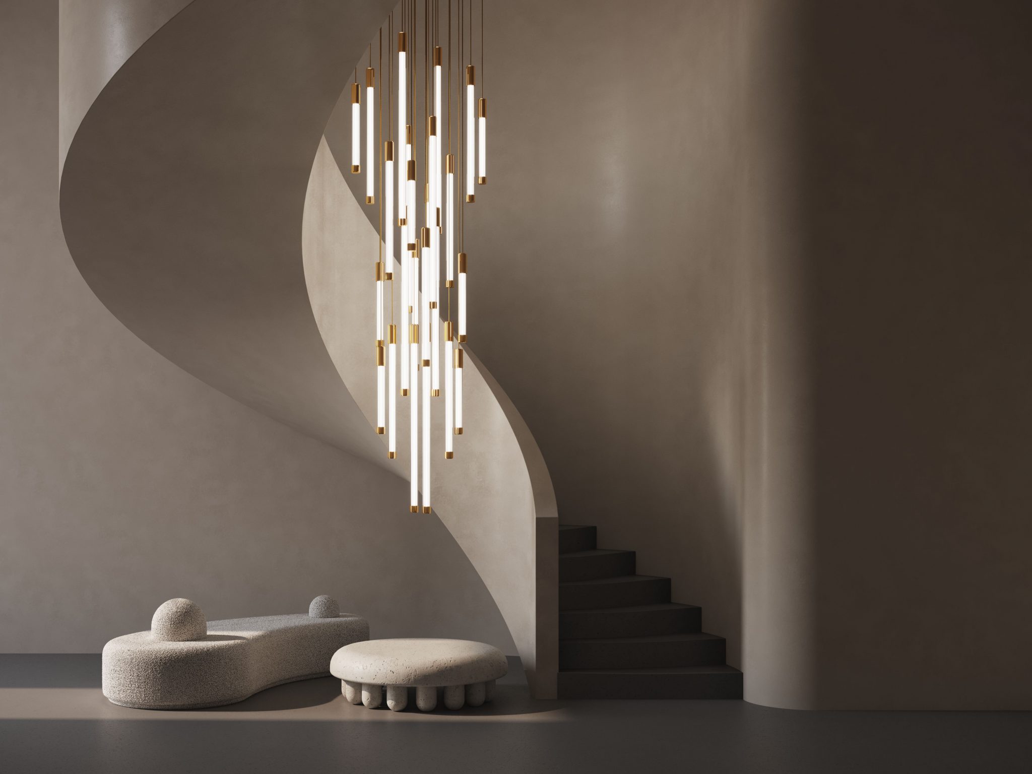 View over a stair in nude light colour with a design lamp infront. Pic by Haberdashery.