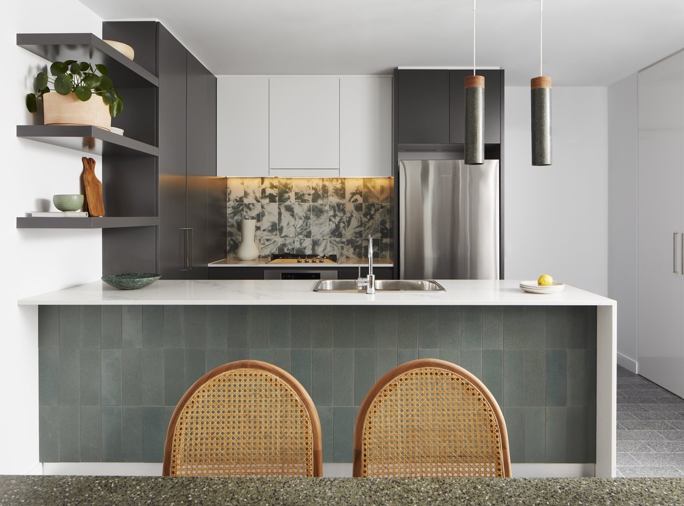 A kitchen in light and nature colours