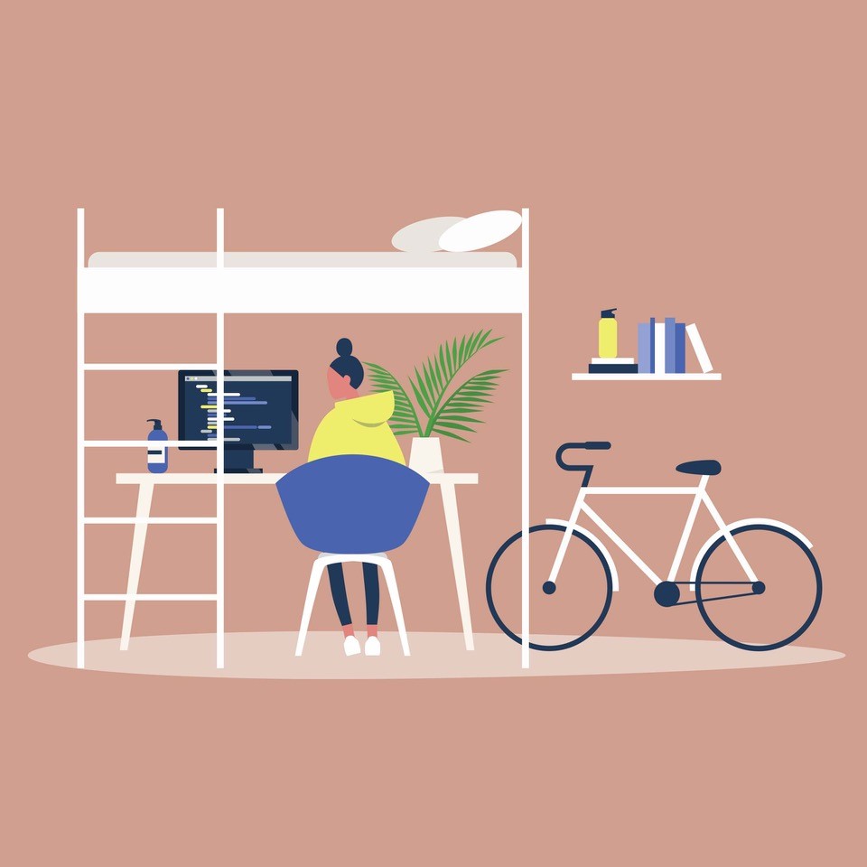 Illustration a woman working at a home office under a bunk ben Illustration of a woman working at a home office under a bunk ben