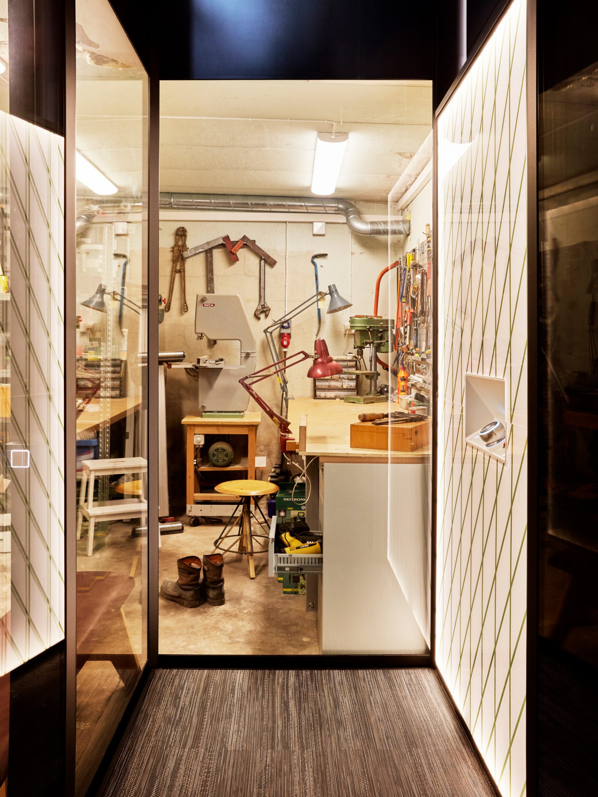 Lervik AHL Lift, view to workshop, photograph Fanny Rådvik View from a homelift to to the workshop in the home of designer Alexander Lervik